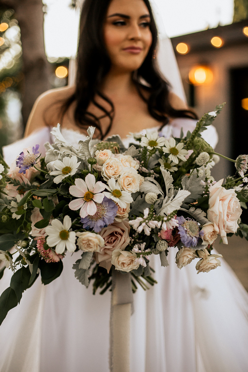 Bouquet Flowers Bride Bridal Cosmos Rose Ribbon Whimsical Magical Fairytale Wedding Ideas Golden Vibes Photo
