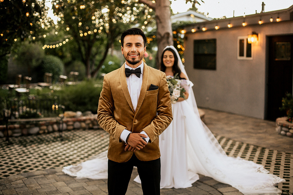 Groom Suit Velvet Jacket Gold Bow Tie Magical Fairytale Wedding Ideas Golden Vibes Photo