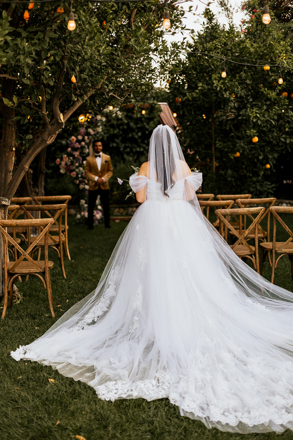 Dress Gown Bride Bridal Tulle Train Off Shoulder Bardot Magical Fairytale Wedding Ideas Golden Vibes Photo