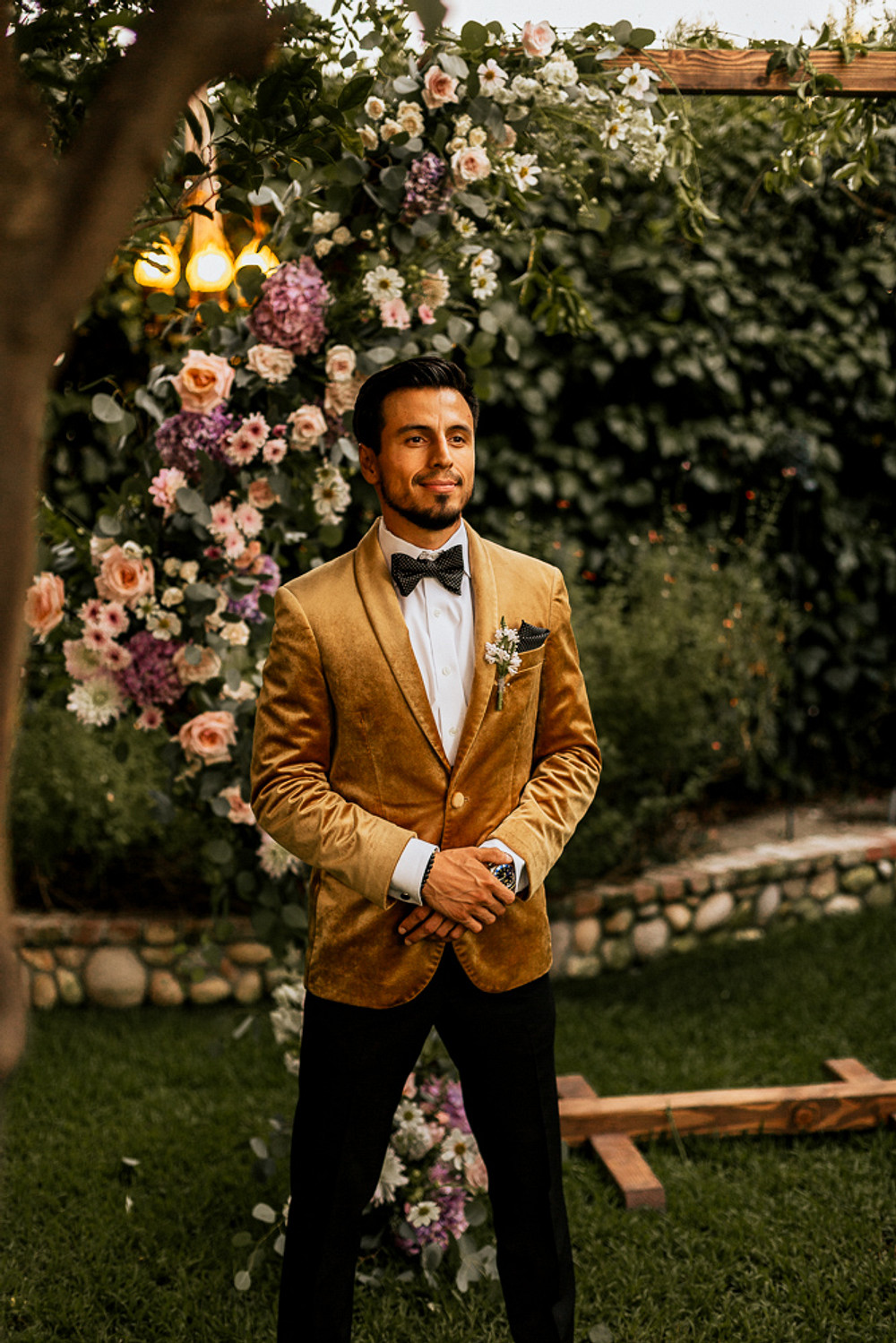 Groom Suit Velvet Jacket Gold Bow Tie Magical Fairytale Wedding Ideas Golden Vibes Photo