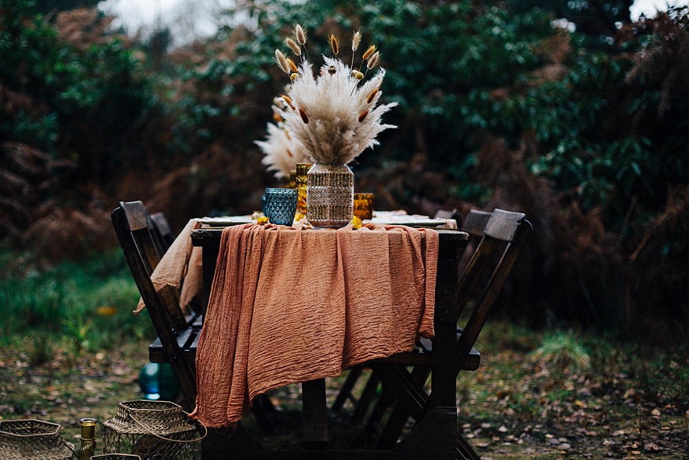 Table Tablescape Woodland Woods Orange Pampas Grass Decor Mustard Yellow Wedding Ideas Paola de Paola