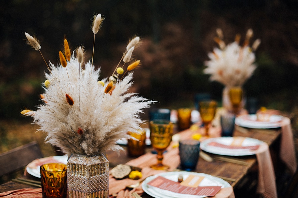 Table Tablescape Woodland Woods Orange Pampas Grass Decor Mustard Yellow Wedding Ideas Paola de Paola