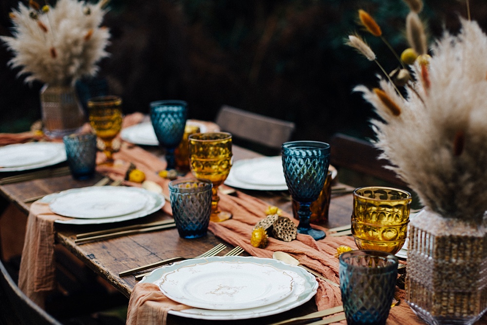 Table Tablescape Woodland Woods Orange Pampas Grass Decor Mustard Yellow Wedding Ideas Paola de Paola