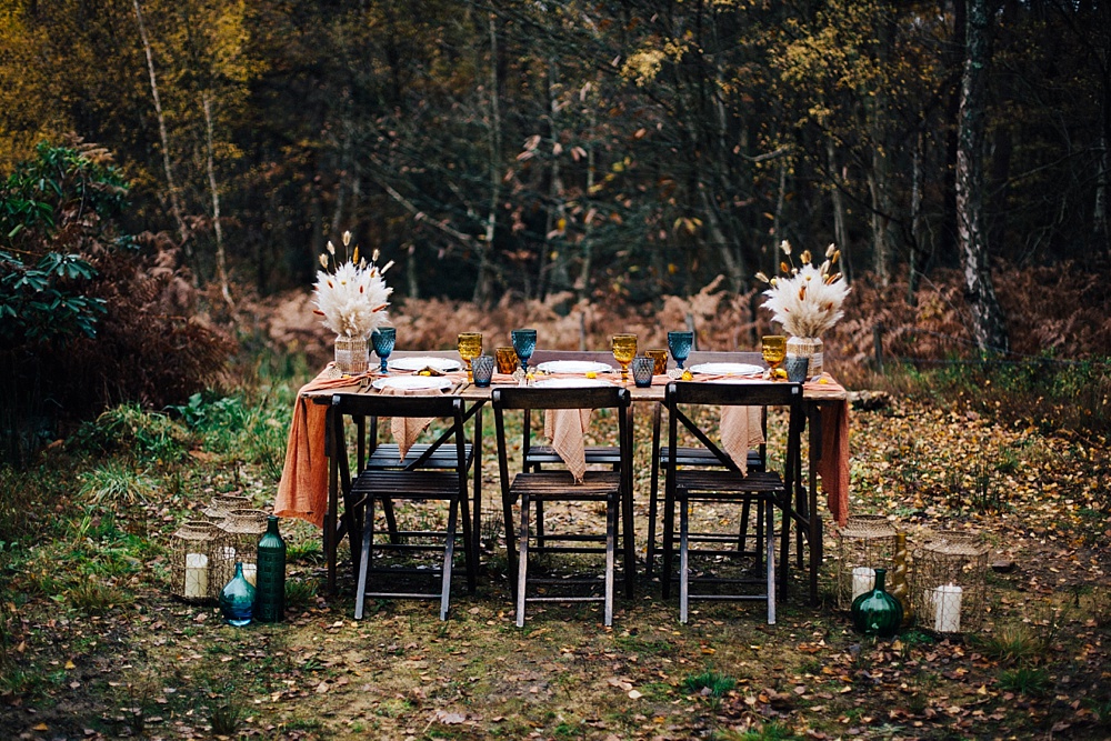 Table Tablescape Woodland Woods Orange Pampas Grass Decor Mustard Yellow Wedding Ideas Paola de Paola