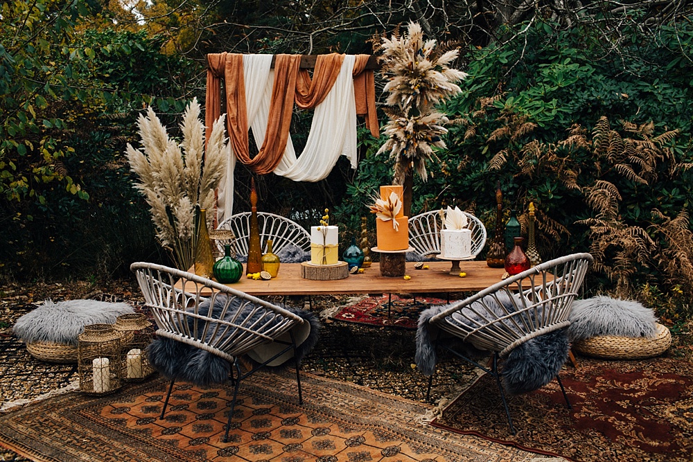 Table Tablescape Backdrop Orange Pampas Grass Decor Mustard Yellow Wedding Ideas Paola de Paola