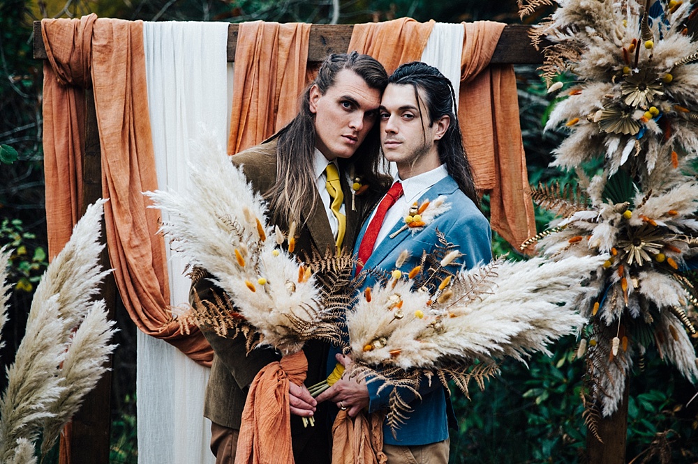 Groom Grooms Fabric Backdrop Orange Pampas Grass Bouquets Mustard Yellow Wedding Ideas Paola de Paola
