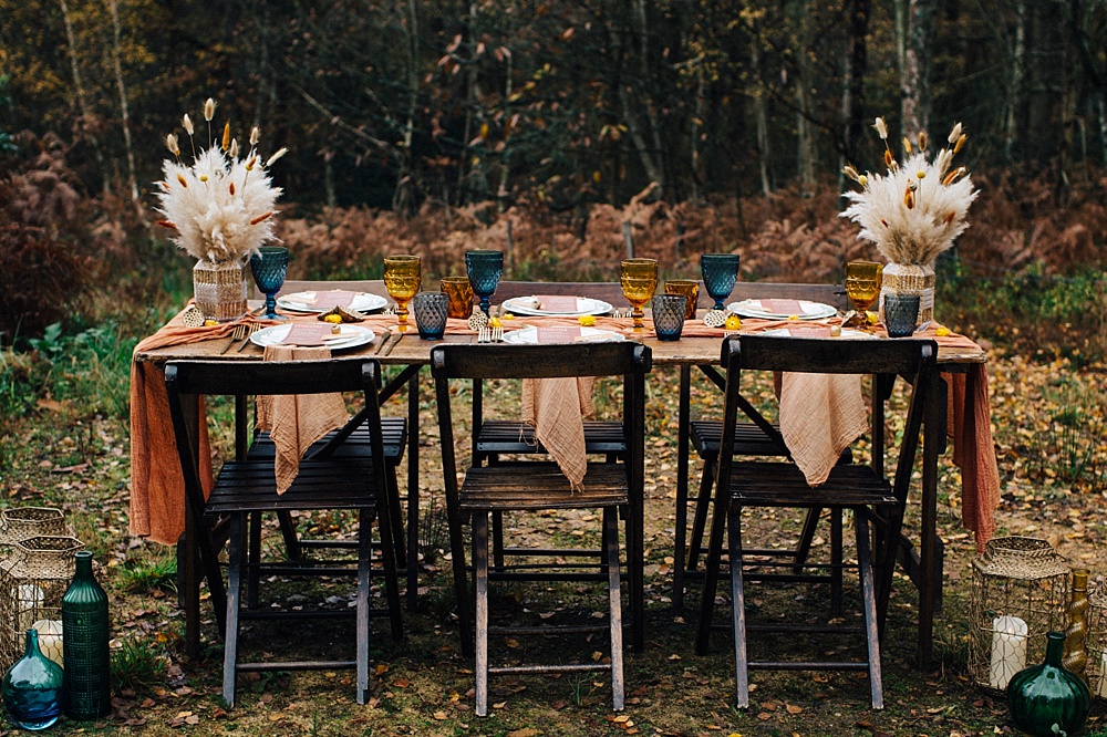 Table Tablescape Woodland Woods Orange Pampas Grass Decor Mustard Yellow Wedding Ideas Paola de Paola
