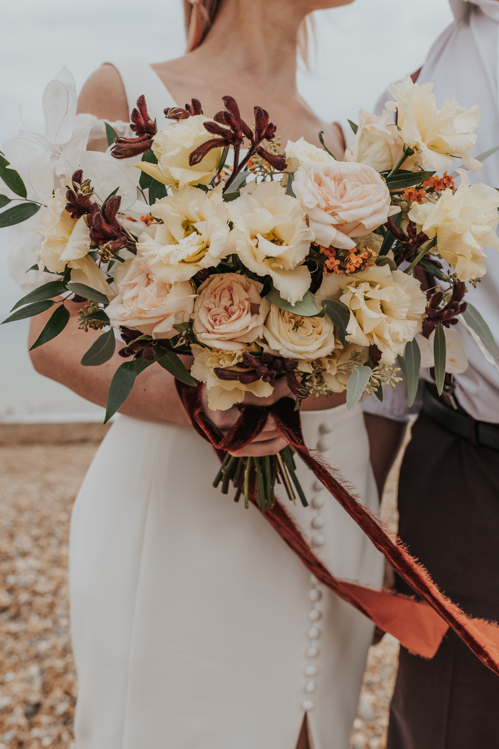 Bouquet Flowers Bride Bridal Rose Ribbon Outdoor Beach Wedding Ceremony Lauren Knuckey Photography