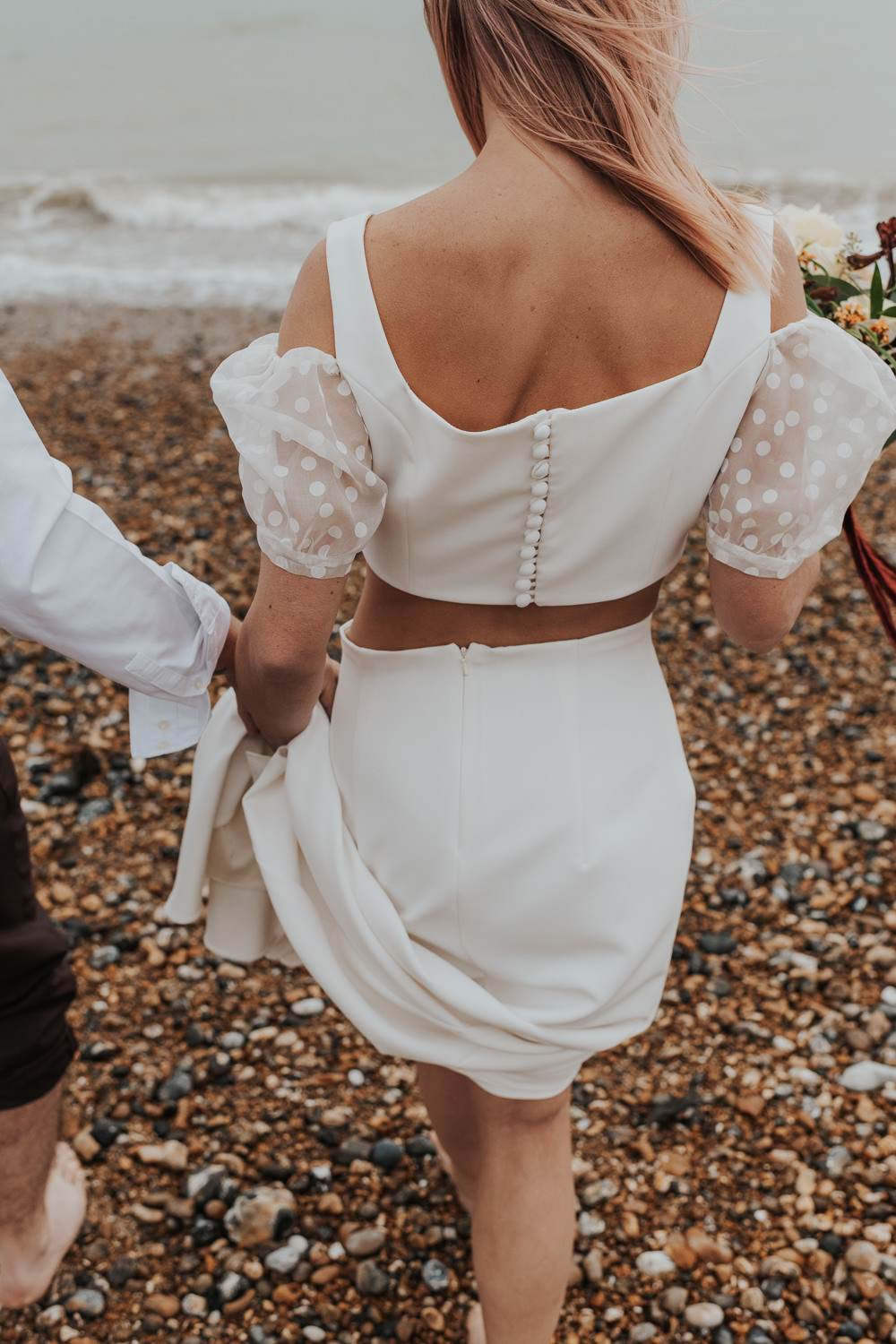 Dress Gown Bride Bridal Puff Sleeves Split Outdoor Beach Wedding Ceremony Lauren Knuckey Photography