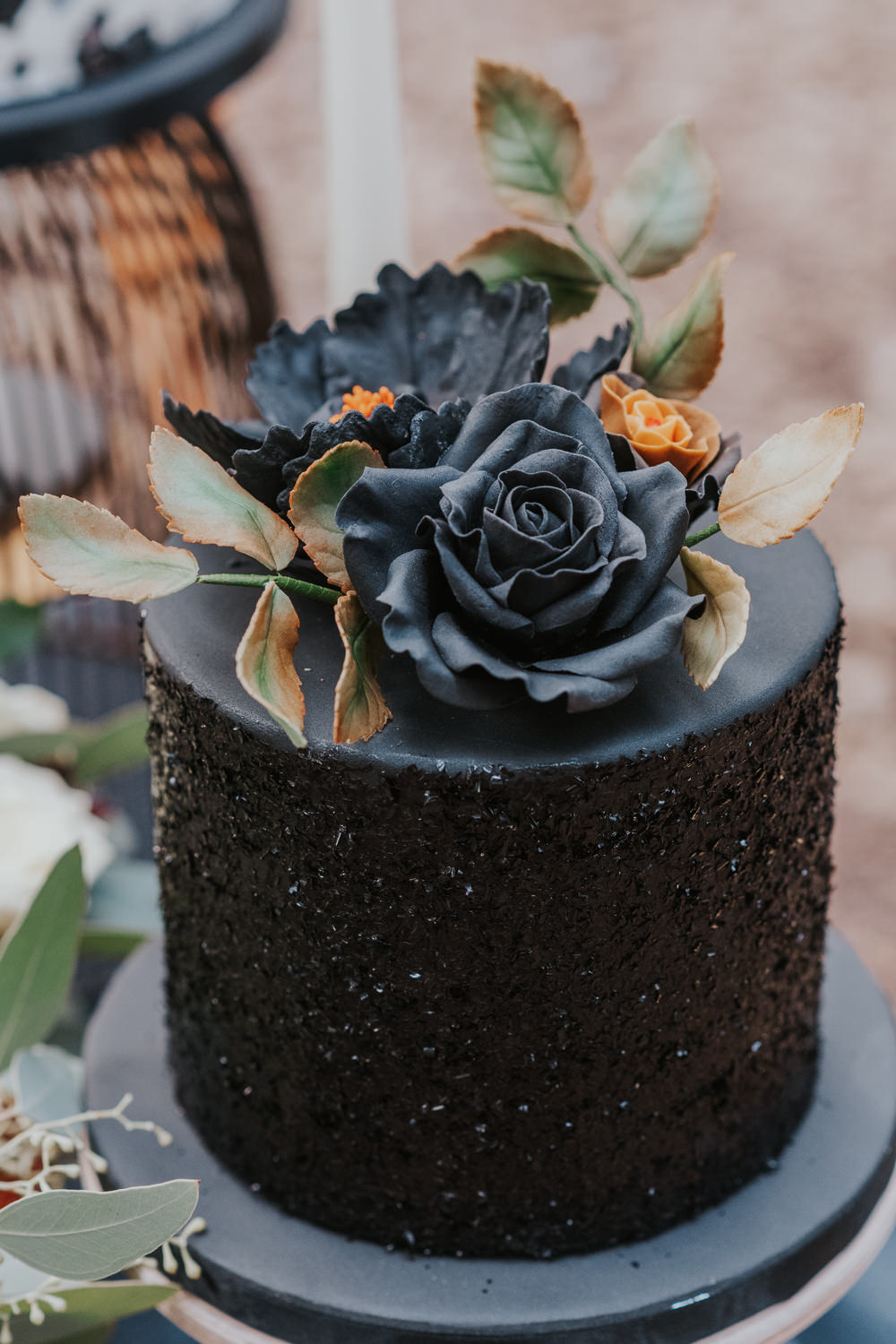 Black Glitter Cake Flowers Outdoor Beach Wedding Ceremony Lauren Knuckey Photography