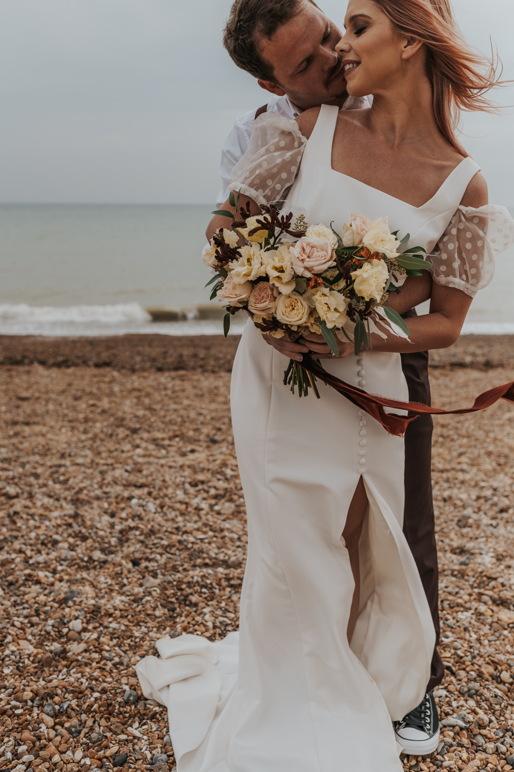 Dress Gown Bride Bridal Puff Sleeves Split Outdoor Beach Wedding Ceremony Lauren Knuckey Photography