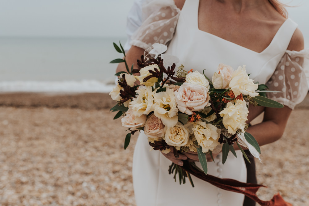 Bouquet Flowers Bride Bridal Rose Ribbon Outdoor Beach Wedding Ceremony Lauren Knuckey Photography