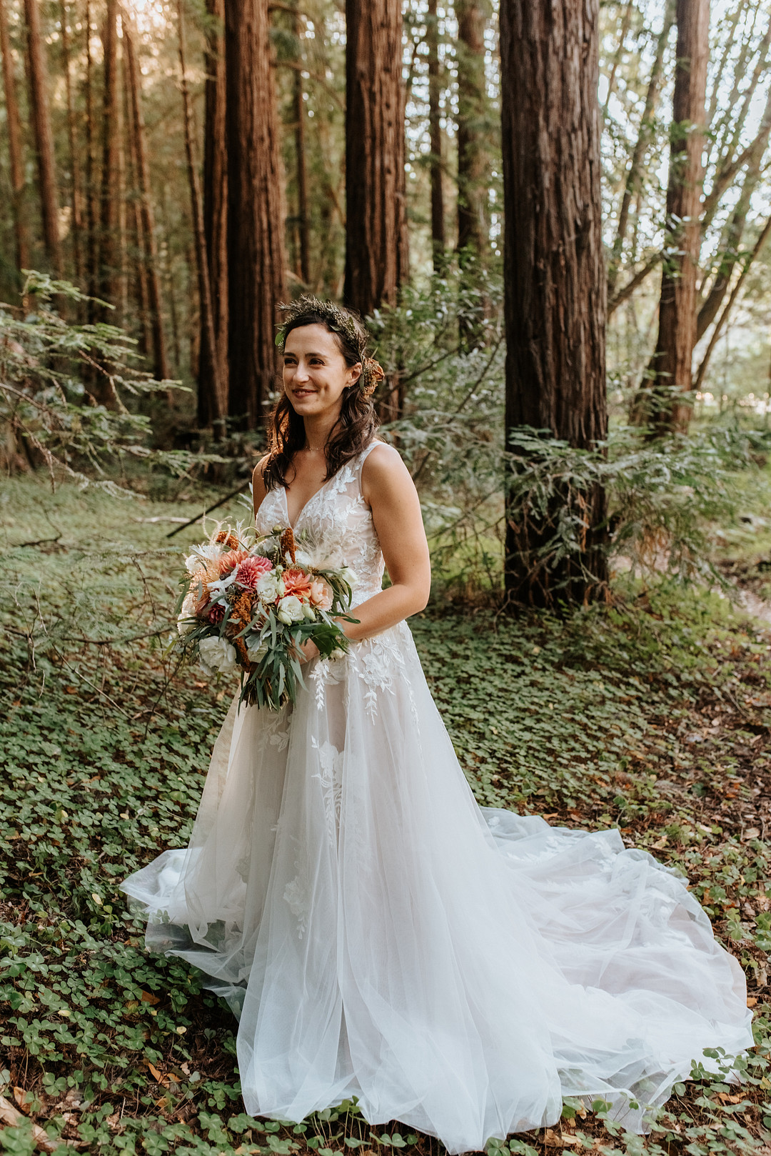 Dress Gown Bride Bridal Lace Tulle Redwoods Elopement Heather K Purdy