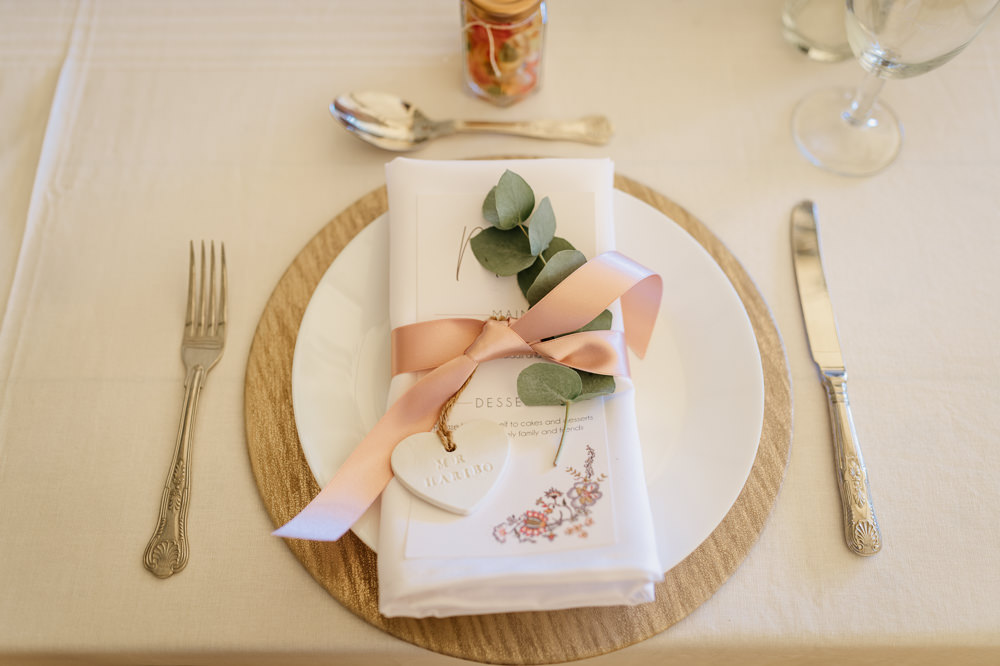 Place Setting Greenery Pink Ribbon Heart Place Name Relaxed Tipi Wedding Twig and Vine Photography