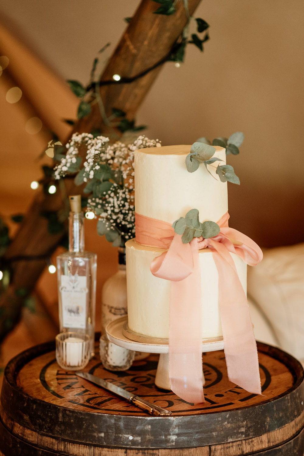 Plain White Cake Pink Ribbon Greenery Relaxed Tipi Wedding Twig and Vine Photography