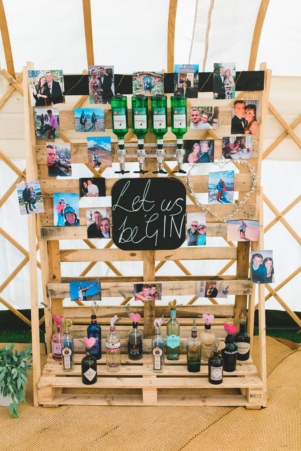 Rustic Yurt Wedding Milk Bottle Photography Gin Drinks Bar Station Wooden Pallet