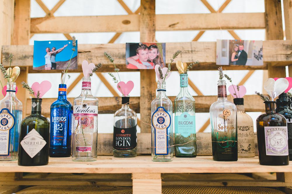 Gin Drinks Bar Station Wooden Pallet Rustic Yurt Wedding Milk Bottle Photography