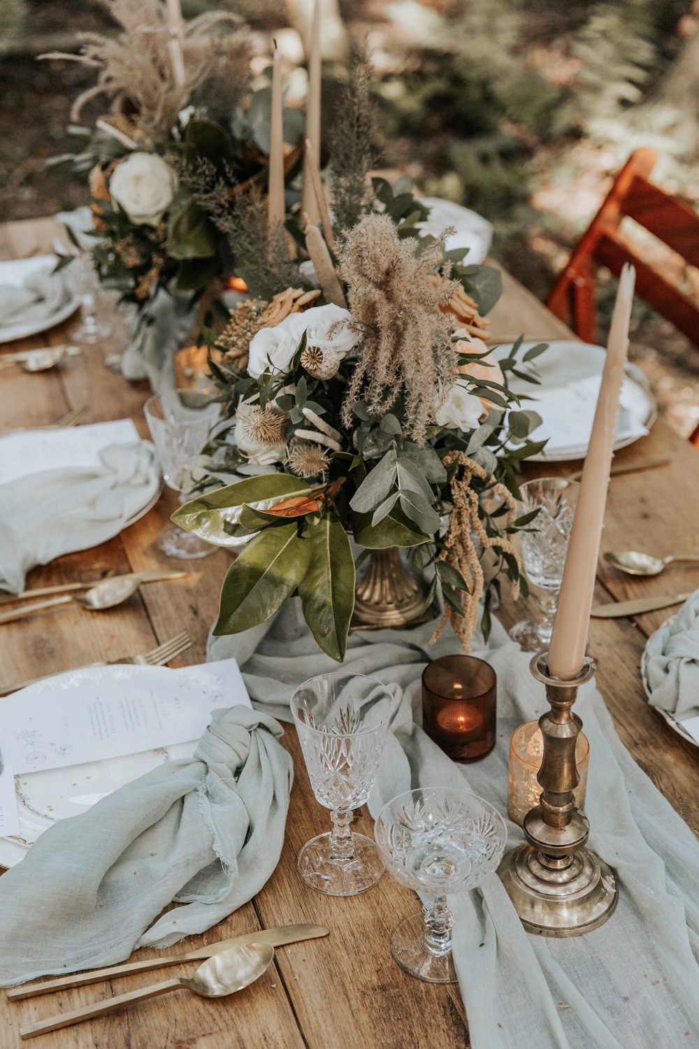 Table Tablescape Decor Candles Wooden Sage Green Wedding Ideas Amy Cutliffe Photography