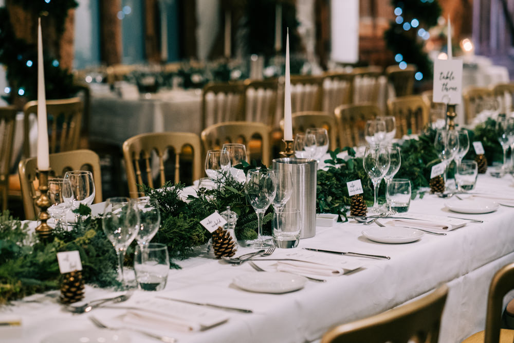 Table Decor Greenery Foliage Candles South Farm Christmas Wedding Lee Allison Photography