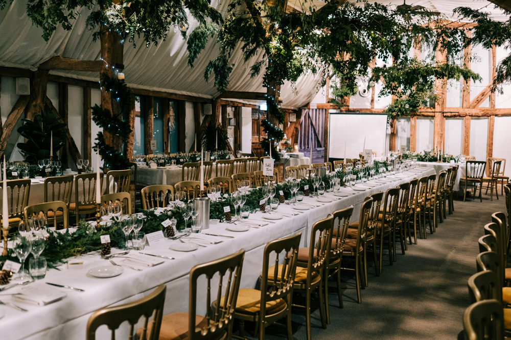 Table Decor Greenery Foliage Candles South Farm Christmas Wedding Lee Allison Photography