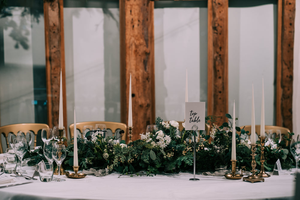 Table Decor Greenery Foliage Candles South Farm Christmas Wedding Lee Allison Photography