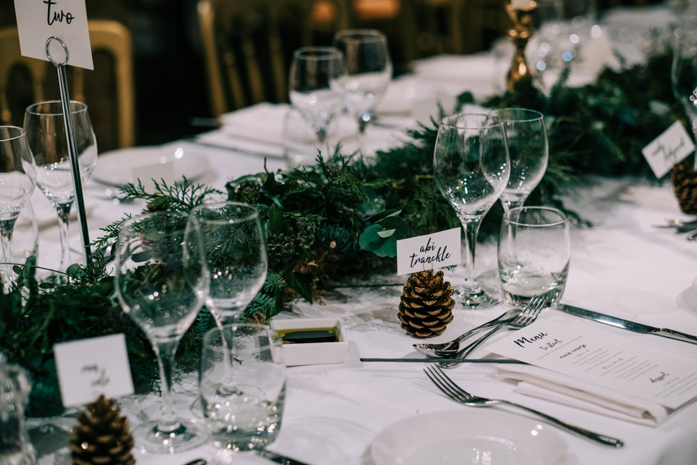 Table Decor Greenery Foliage Candles Pine Cones South Farm Christmas Wedding Lee Allison Photography