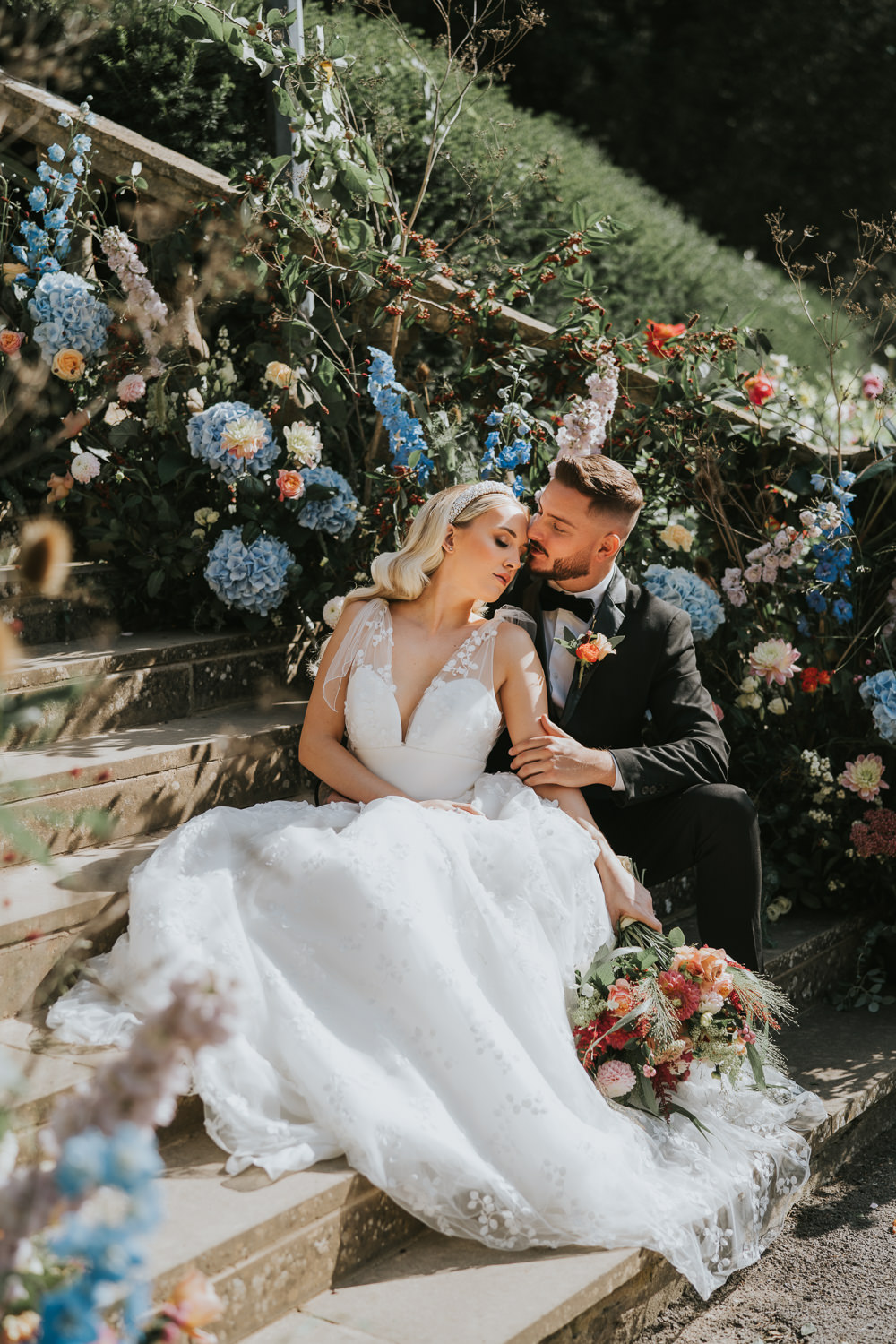 Stylish Floral Wedding Poppy Carter Portraits Flower Arrangement Backdrop Stairs Staircase