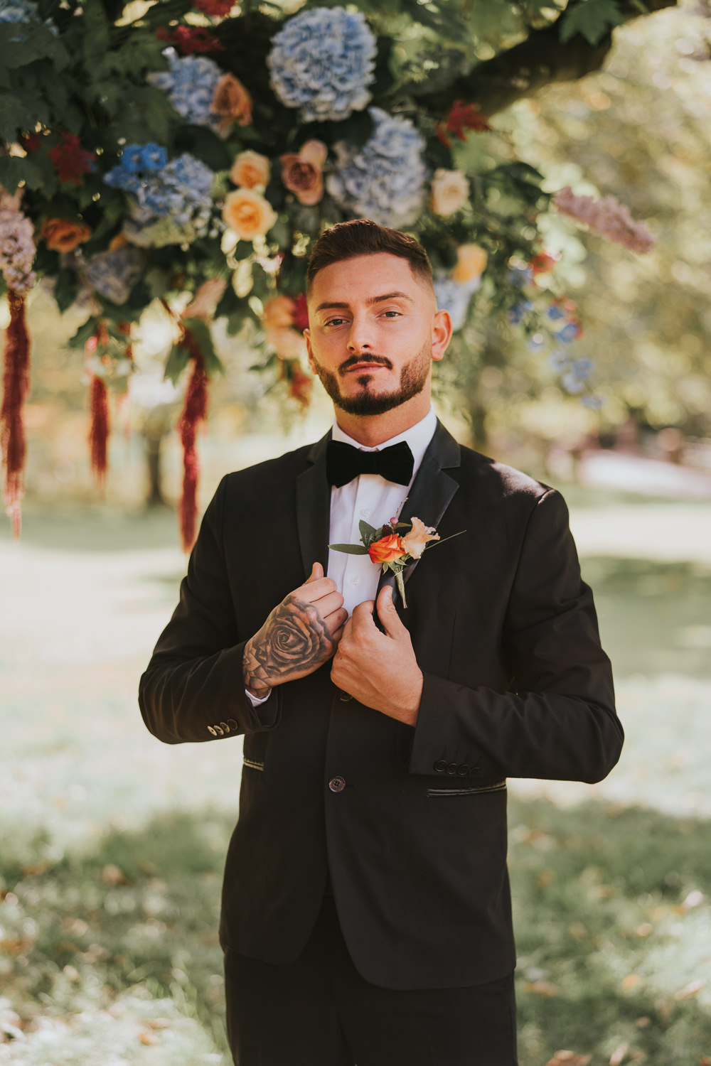 Stylish Floral Wedding Poppy Carter Portraits Groom Tuxedo Suit Bow Tie