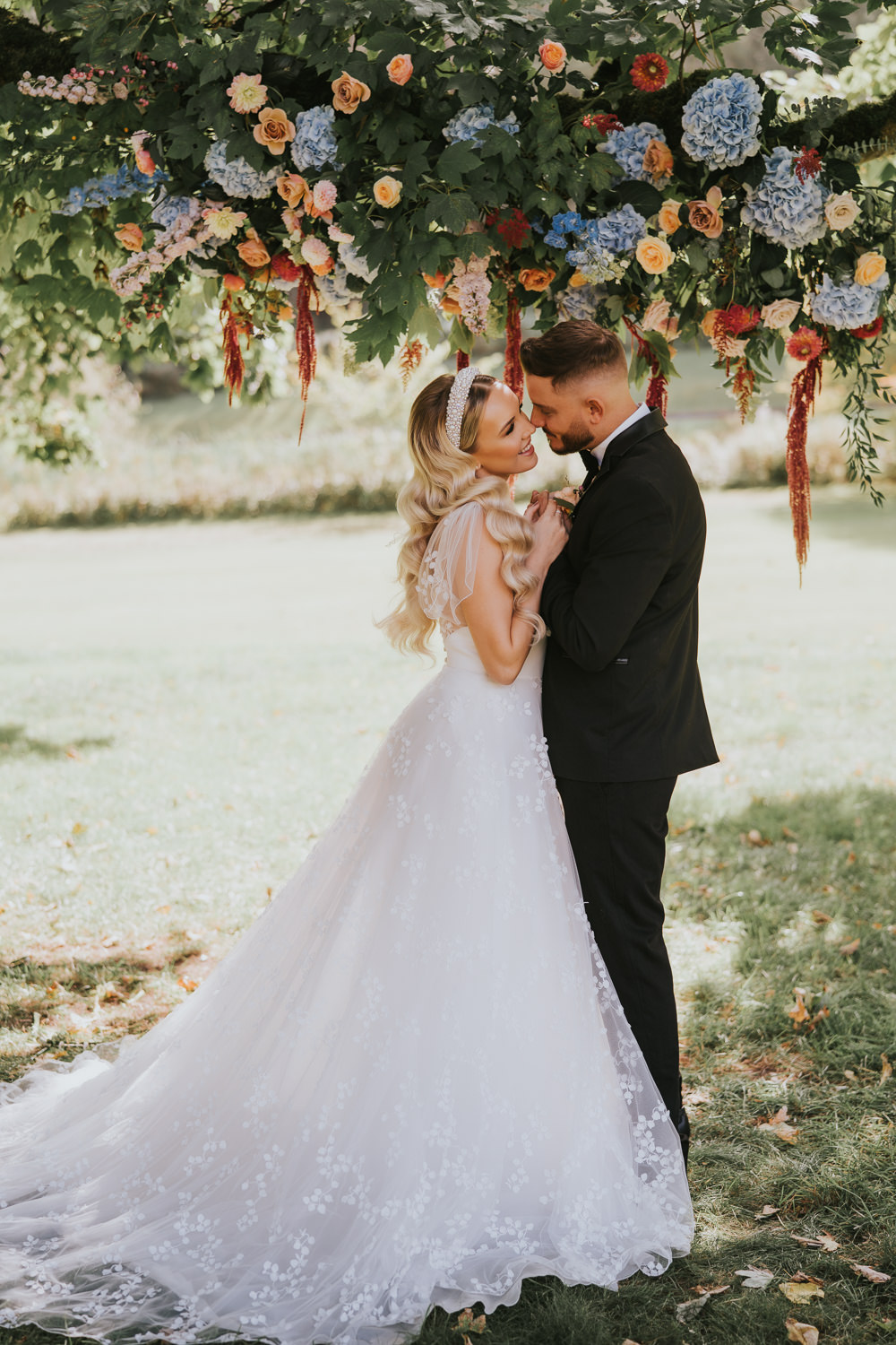 Stylish Floral Wedding Poppy Carter Portraits Flower Installation Hanging Arrangement Backdrop