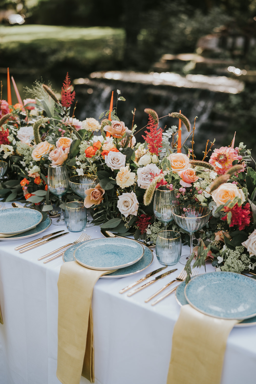 Stylish Floral Wedding Poppy Carter Portraits Flower Arrangement Garland Centrepiece Table Decor Blue Blush