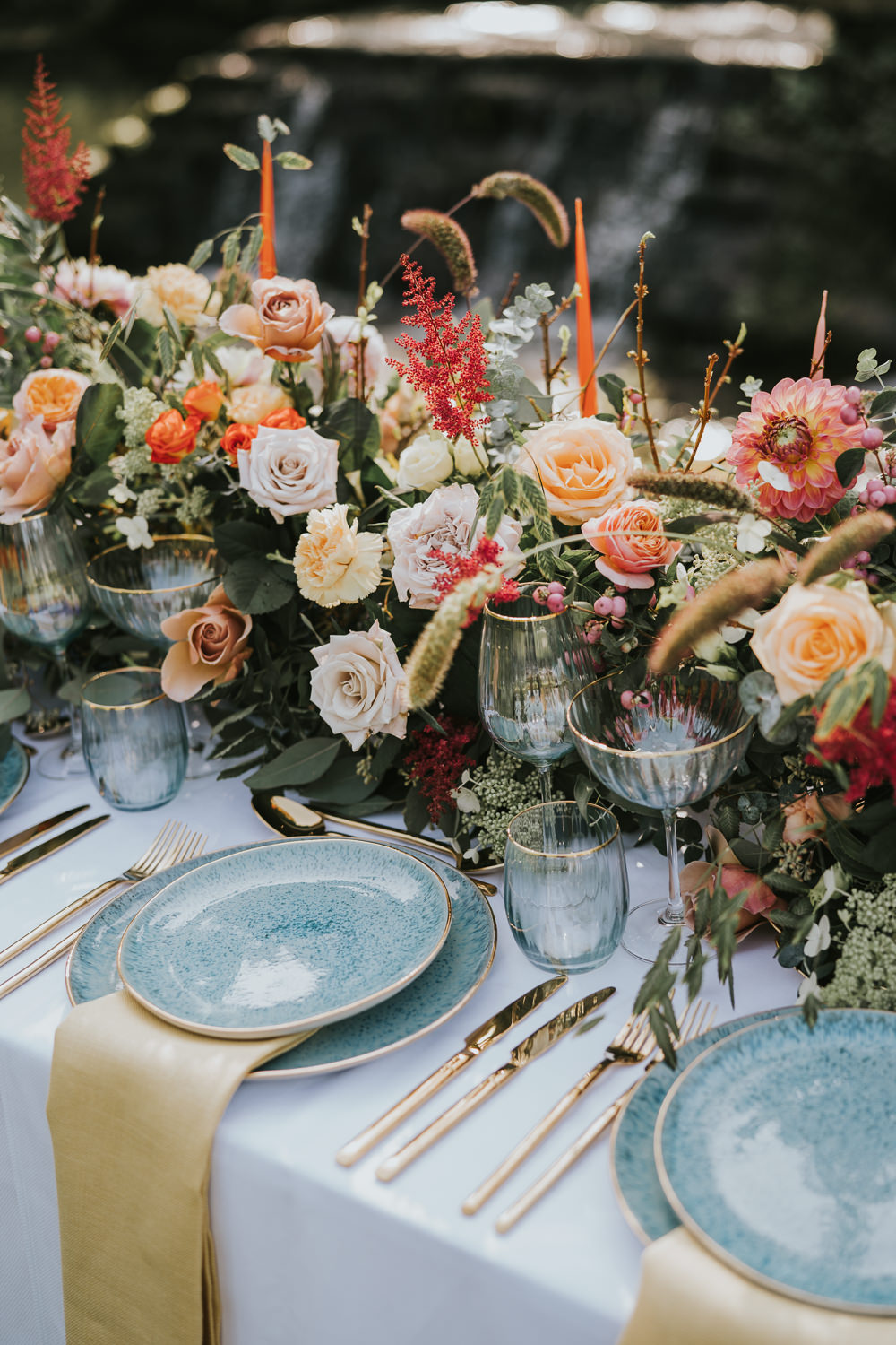 Stylish Floral Wedding Poppy Carter Portraits Flower Arrangement Garland Centrepiece Table Decor Blue Blush