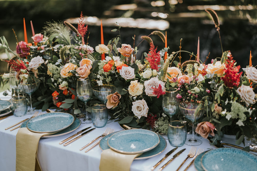 Stylish Floral Wedding Poppy Carter Portraits Flower Arrangement Garland Centrepiece Table Decor Blue Blush