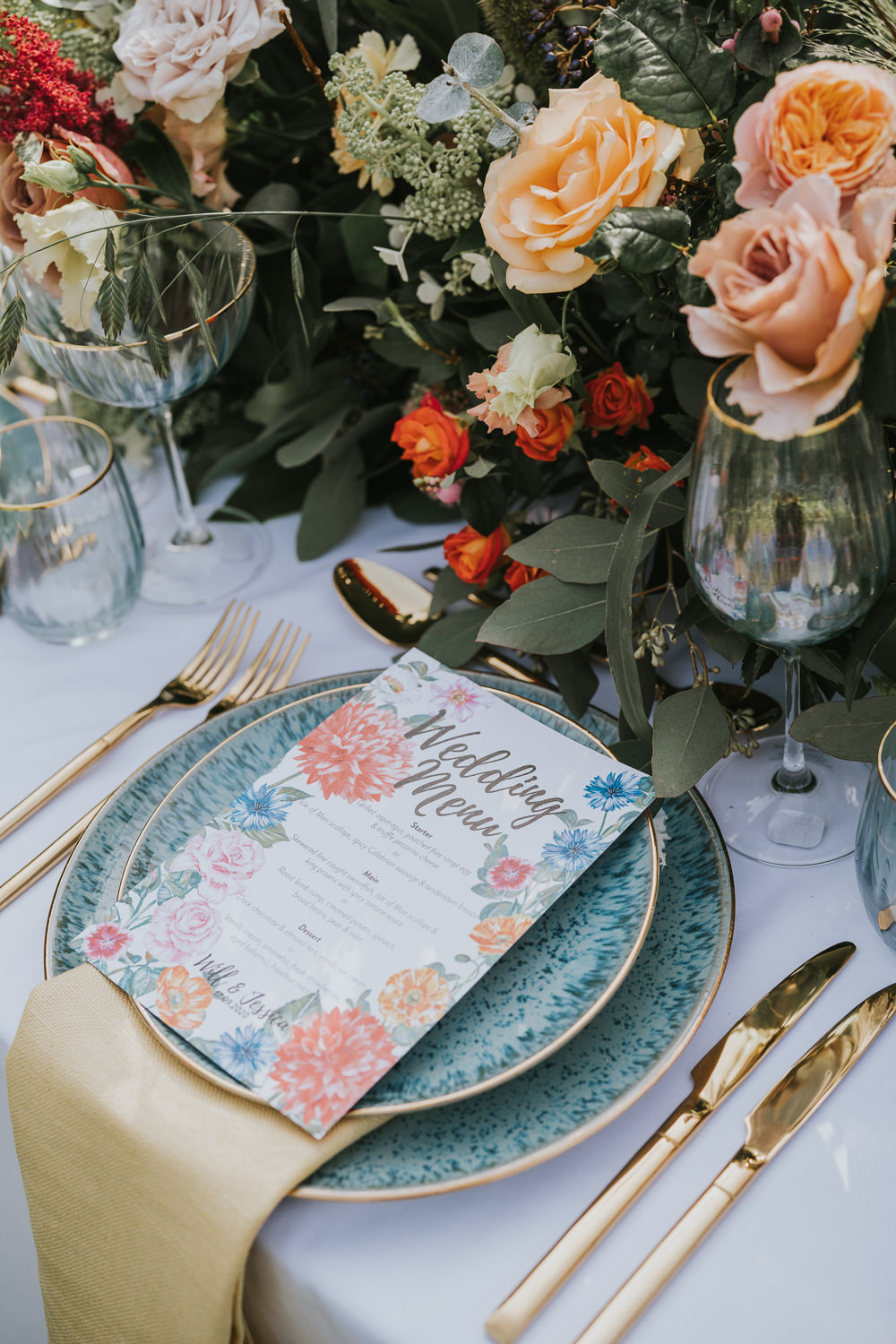 Stylish Floral Wedding Poppy Carter Portraits Place Setting Blue Plate Menu