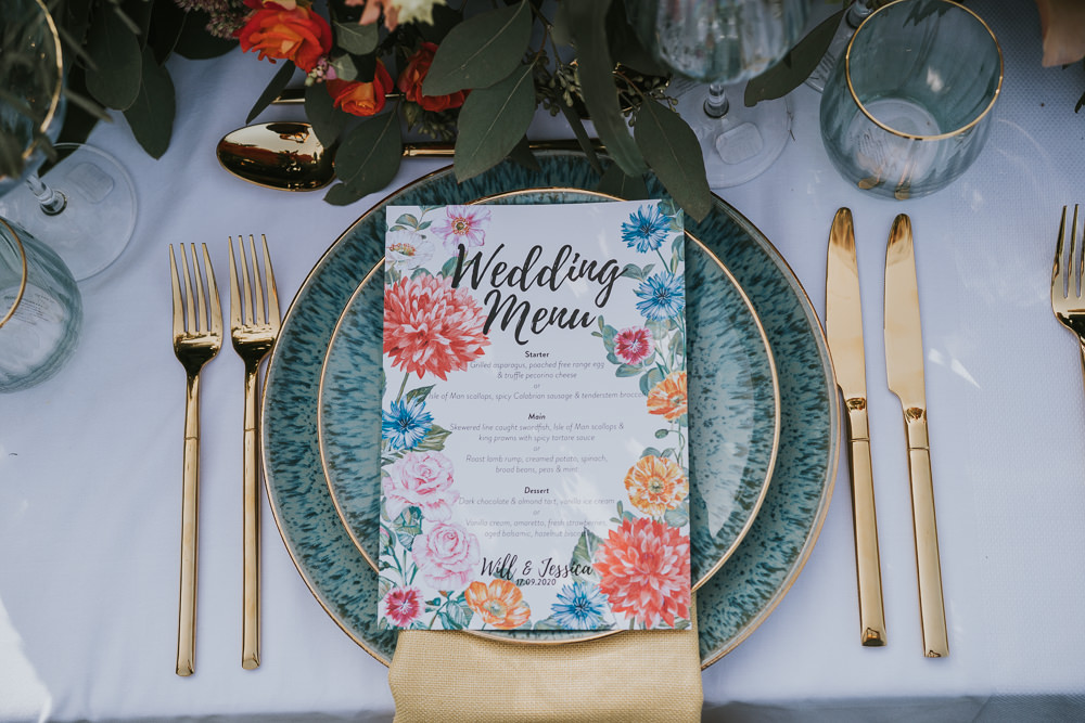 Stylish Floral Wedding Poppy Carter Portraits Place Setting Blue Plate Menu