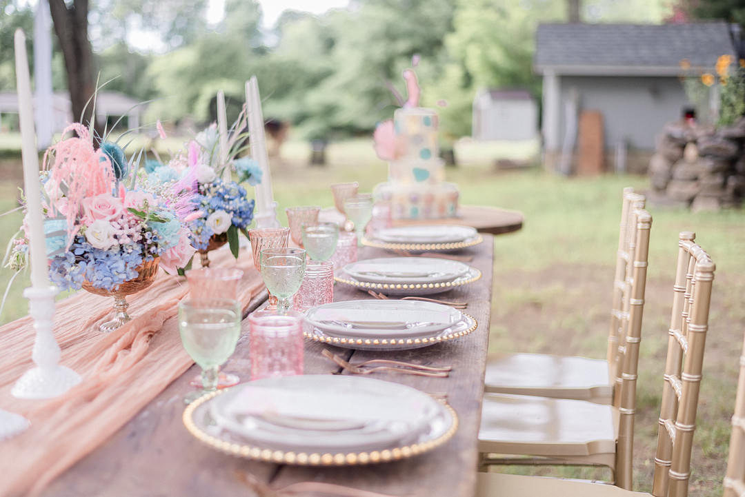 Table Decor Flowers Pink Blue Modern Whimsical Pastel Wedding Ideas Jennifer Nichole & Co Photography