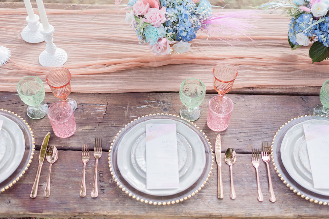 Place Setting Table Decor Flowers Pink Blue Modern Whimsical Pastel Wedding Ideas Jennifer Nichole & Co Photography