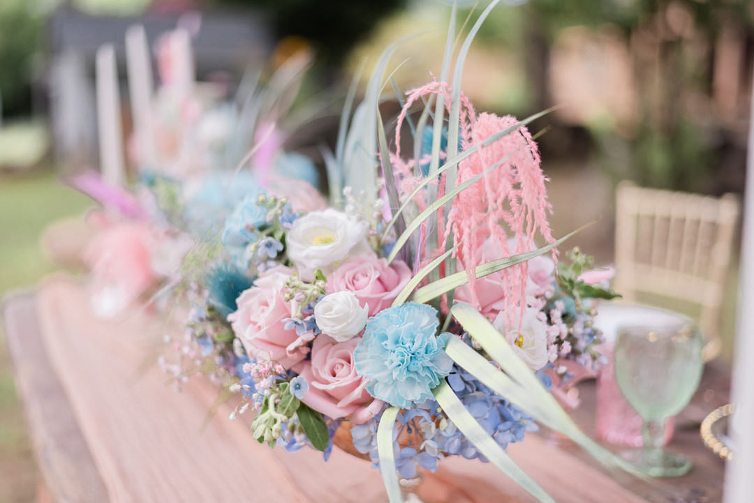 Table Decor Flowers Pink Blue Modern Whimsical Pastel Wedding Ideas Jennifer Nichole & Co Photography