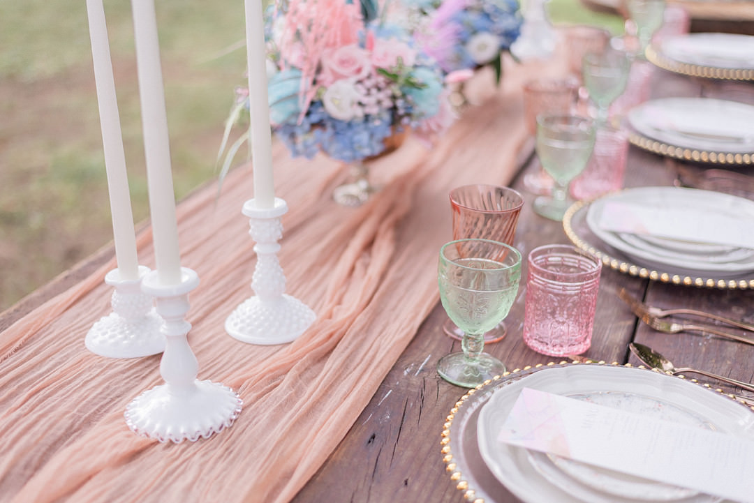 Table Decor Flowers Pink Blue Modern Whimsical Pastel Wedding Ideas Jennifer Nichole & Co Photography