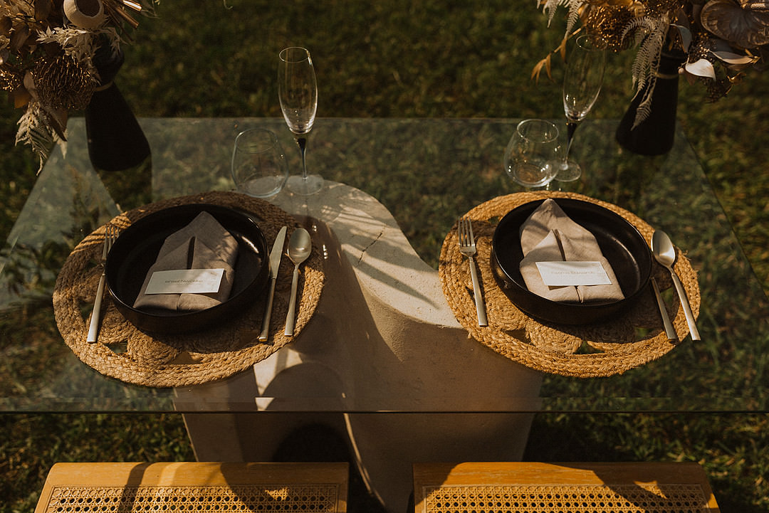 Place Setting Mat Napkin Black Plate Afrofuturist Inspired Wedding Casey Crowe Taylor Photography