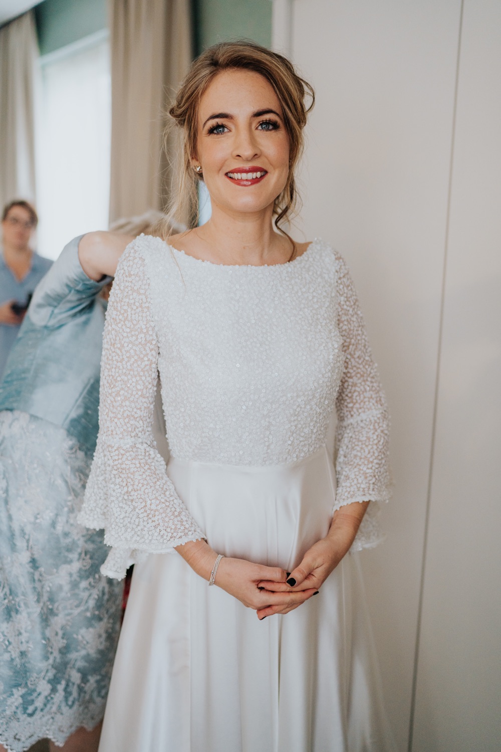 Dress Gown Bride Bridal Sleeves Cape Veil Rolling in Roses Carriage Hall Wedding Bloom Weddings