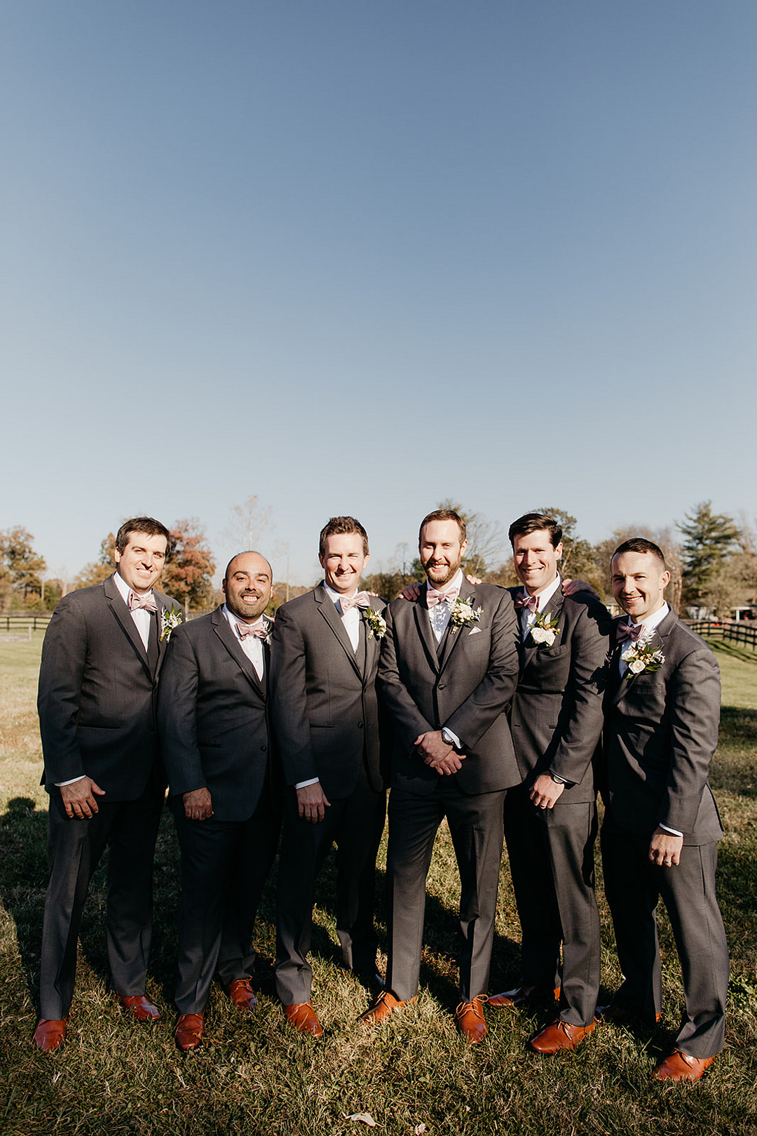 Groom Groomsmen Suits Pink Bow Tie Farmhouse Wedding Katherine Joy Photography