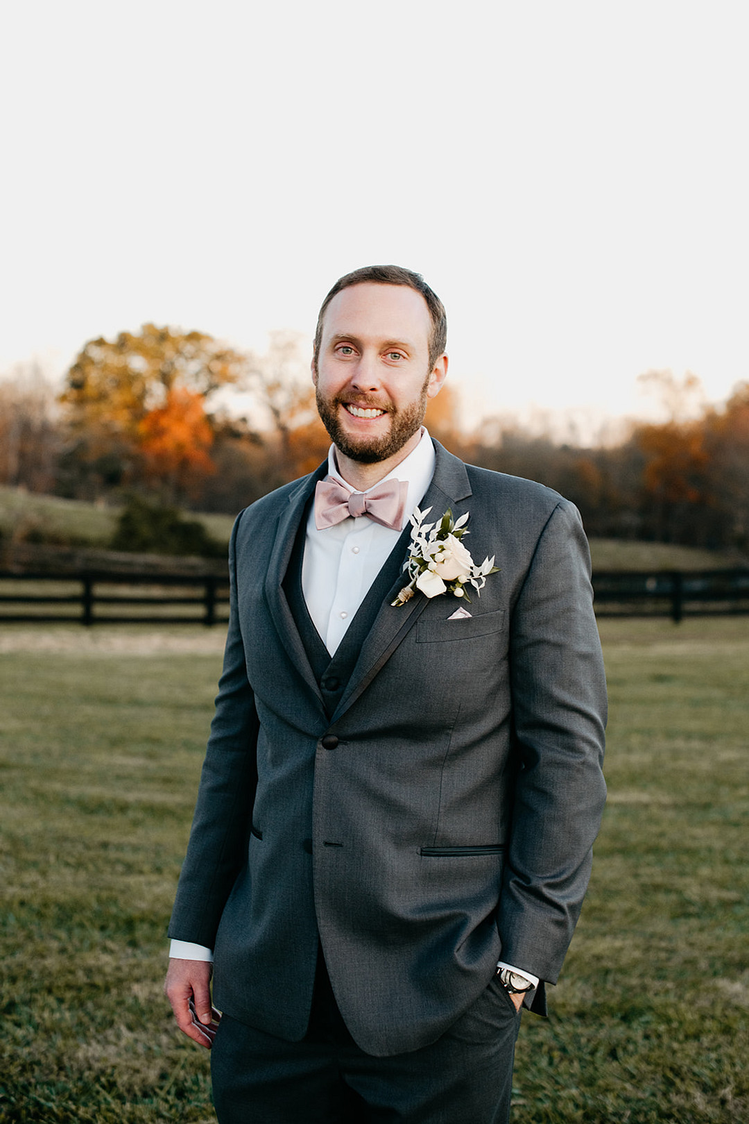 Groom Groomsmen Suits Pink Bow Tie Farmhouse Wedding Katherine Joy Photography