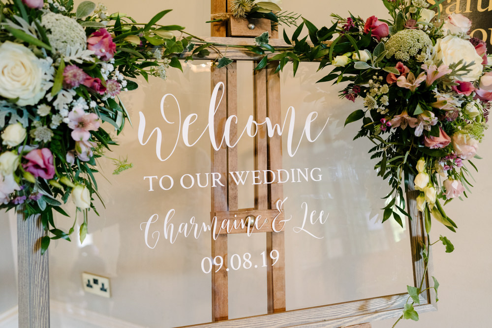 Sign Signs Signage Calligraphy Clear Welcome Flowers Offley Place Wedding Aden Priest Photography