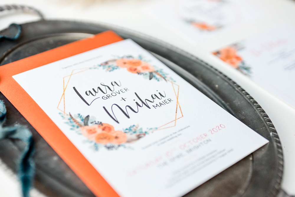 Spire Brighton Wedding Kelsie Scully Photography Stationery Invite Invitation Orange Floral