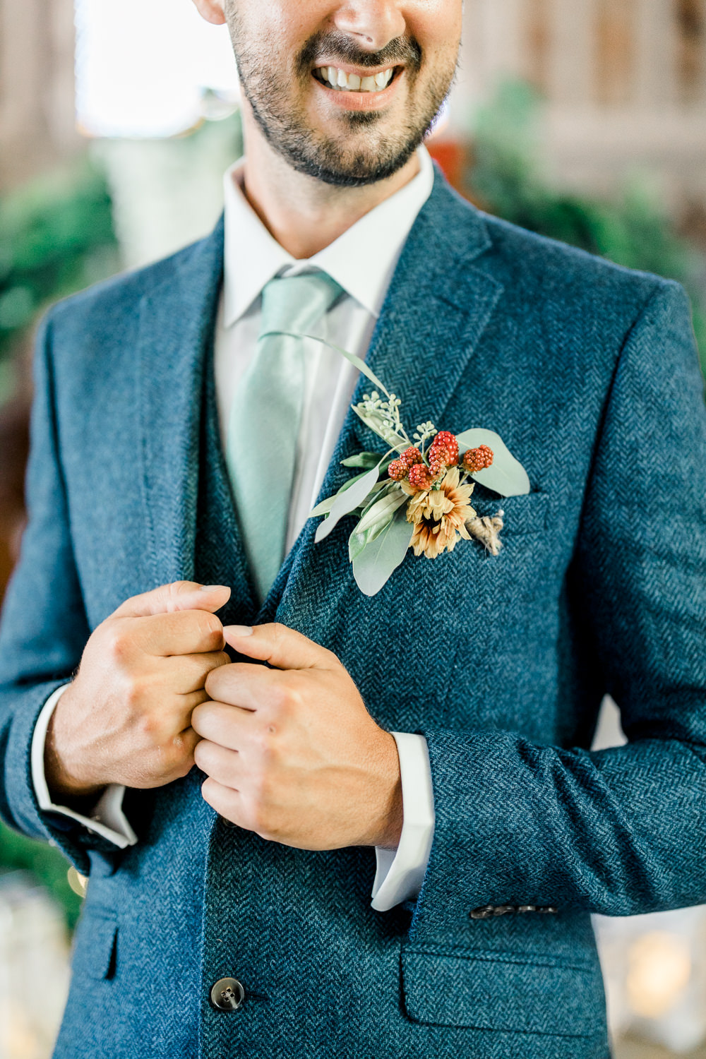 Groom Suit Blue Green Tie Buttonhole Flowers Spire Brighton Wedding Kelsie Scully Photography
