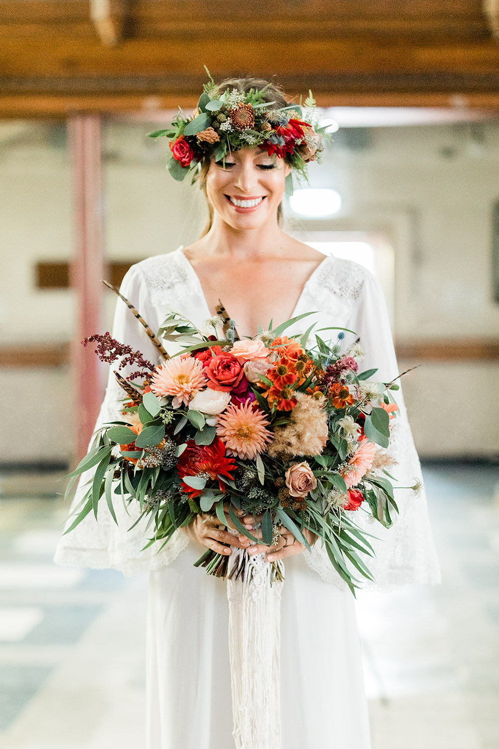 Bouquet Flowers Bride Bridal Orange Rose Dahlia Flower Crown Spire Brighton Wedding Kelsie Scully Photography
