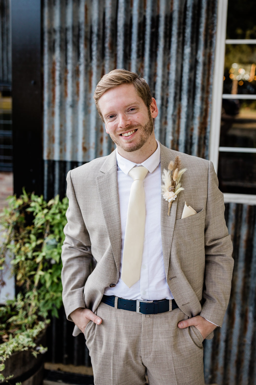 Groom Suit Taupe Cream Tie Sunset Wedding Ideas Becky Wright Photography