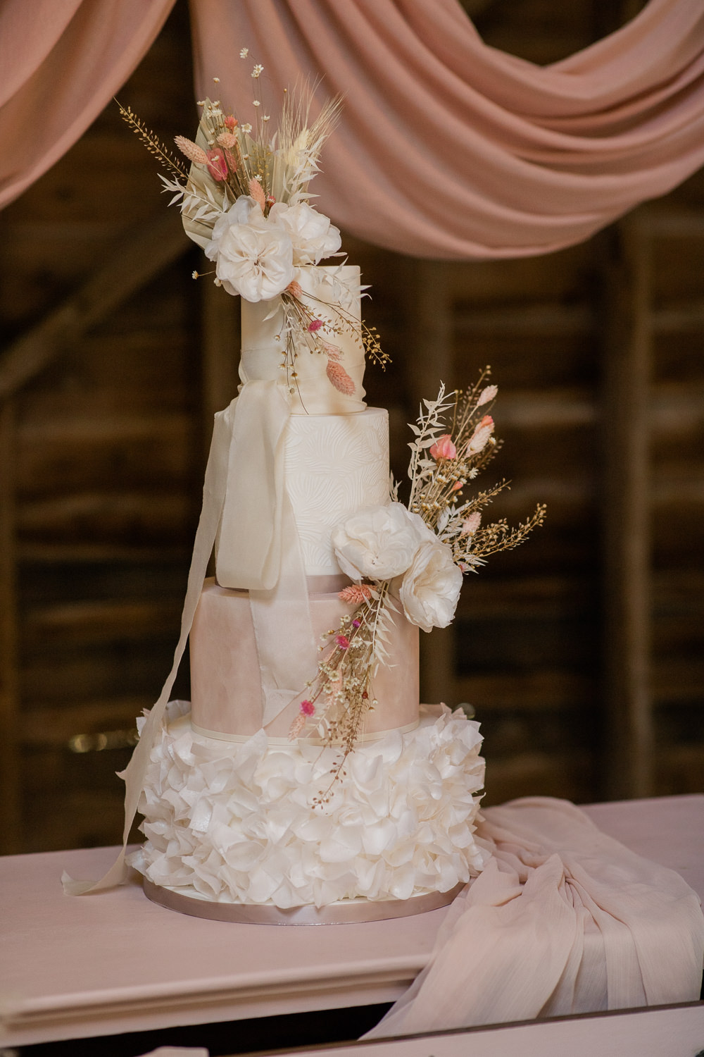 Cake Pale Pink Flowers Sunset Wedding Ideas Becky Wright Photography