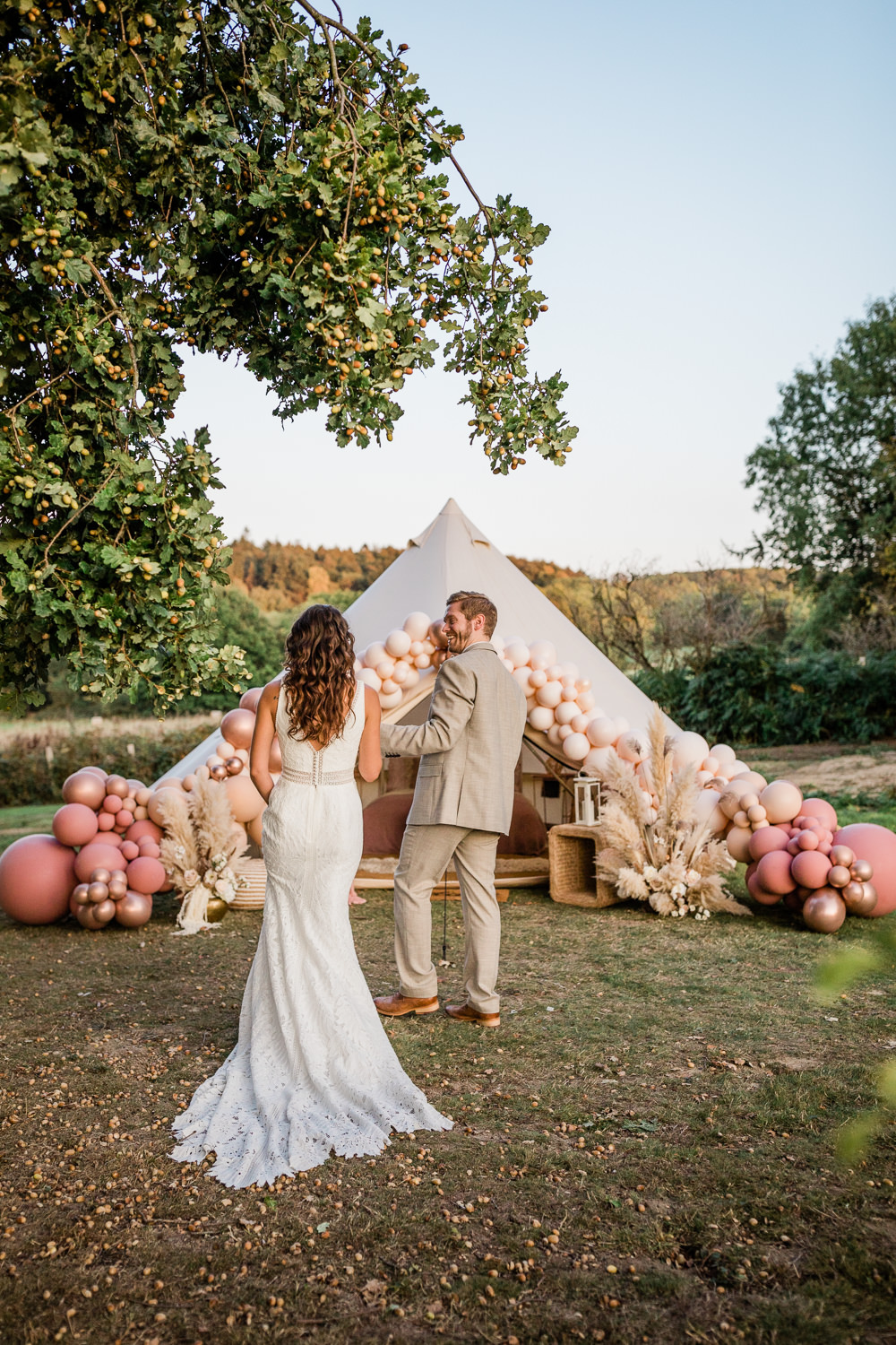 Balloon Installation Bell Tent Sunset Wedding Ideas Becky Wright Photography