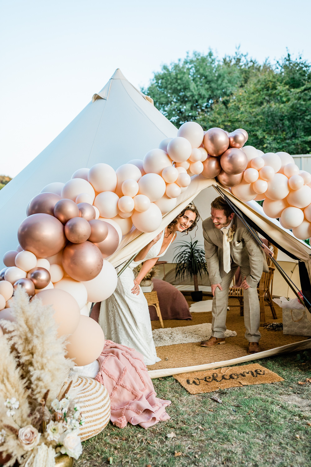 Balloon Installation Bell Tent Sunset Wedding Ideas Becky Wright Photography